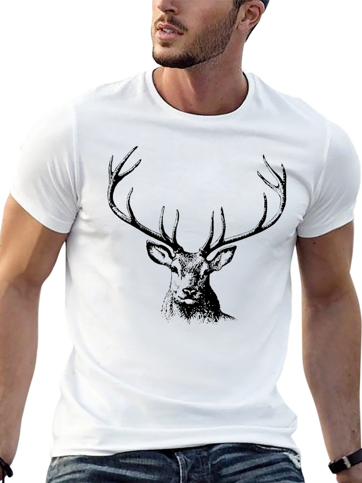 Mens Black T-Shirt with Deer Graphic