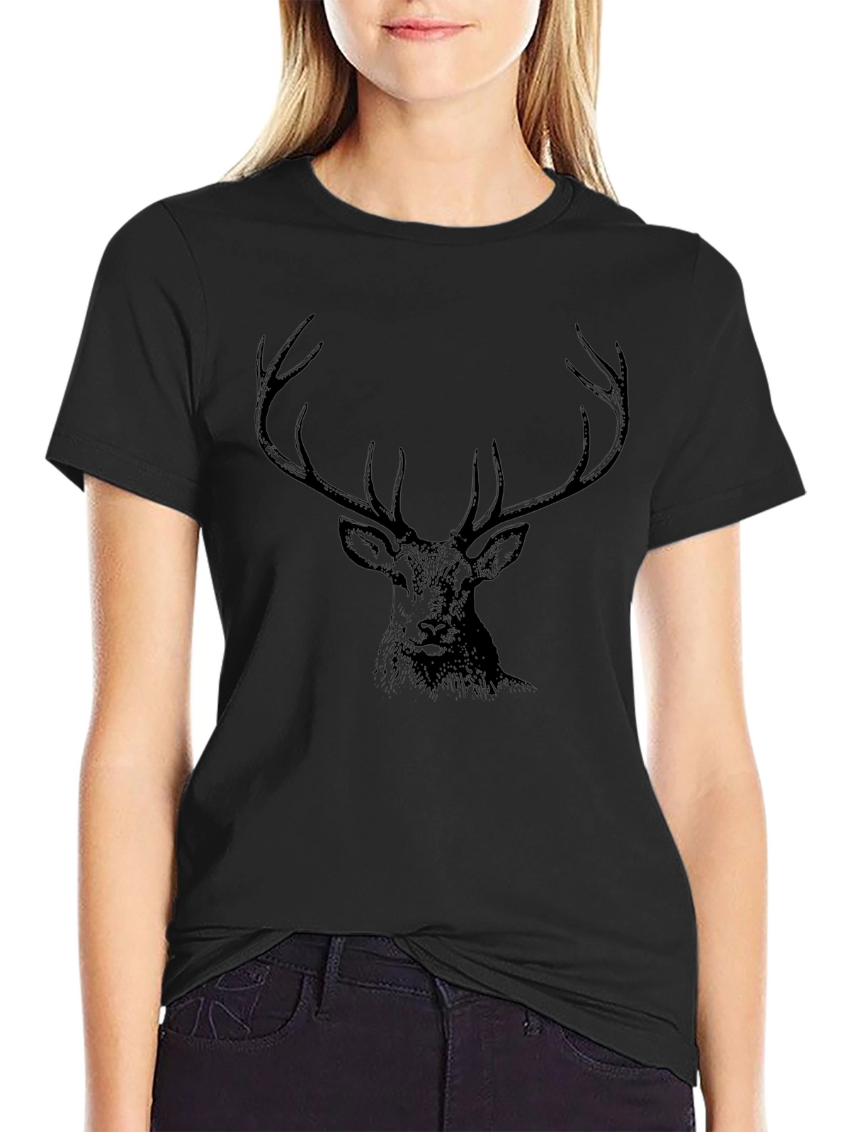 Mens Black T-Shirt with Deer Graphic