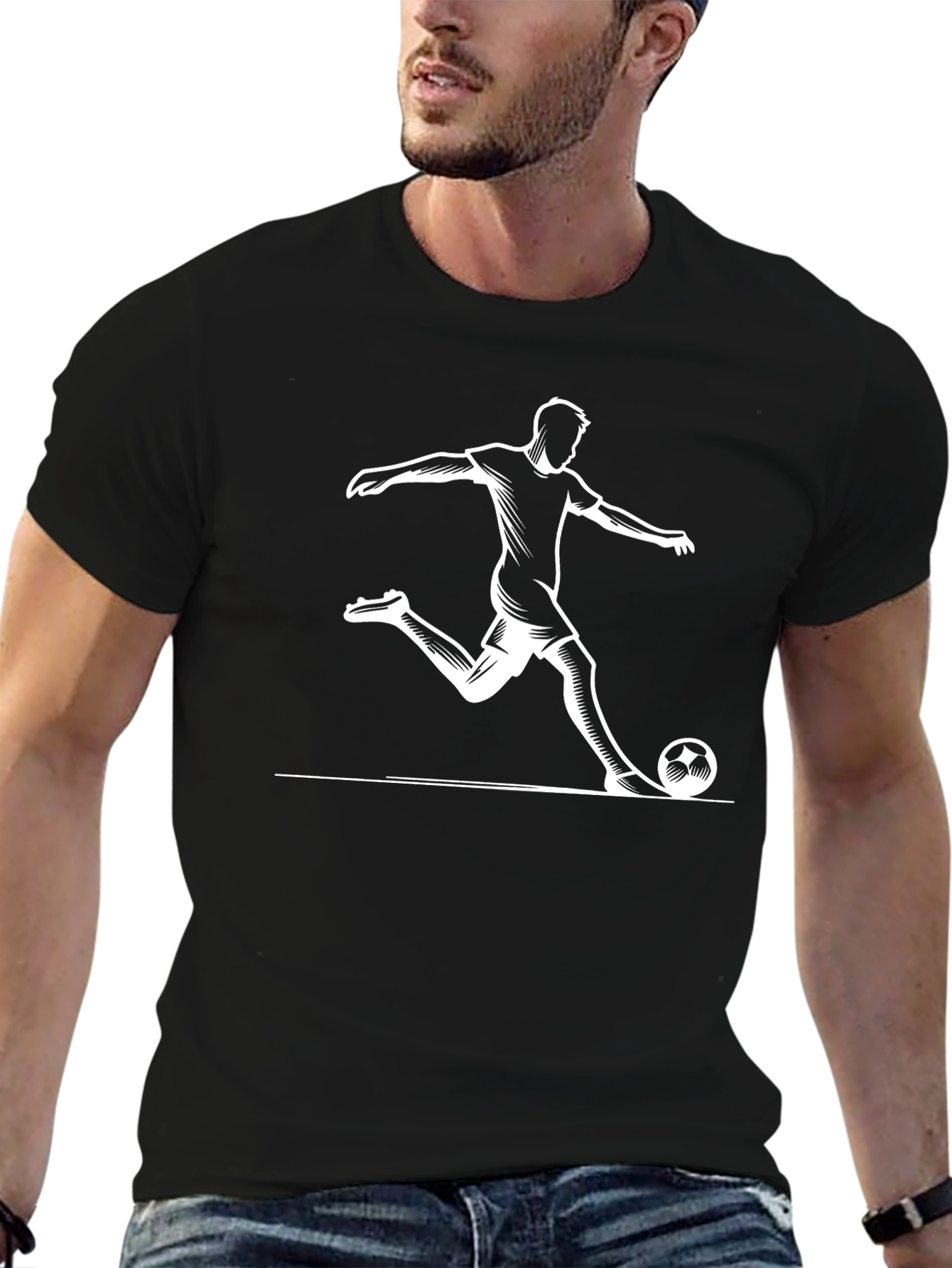 Soccer Player Graphic Tee - Black Cotton T-Shirt