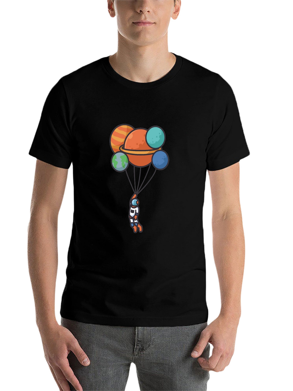 Astronaut Planet Balloon Graphic Black T-Shirt