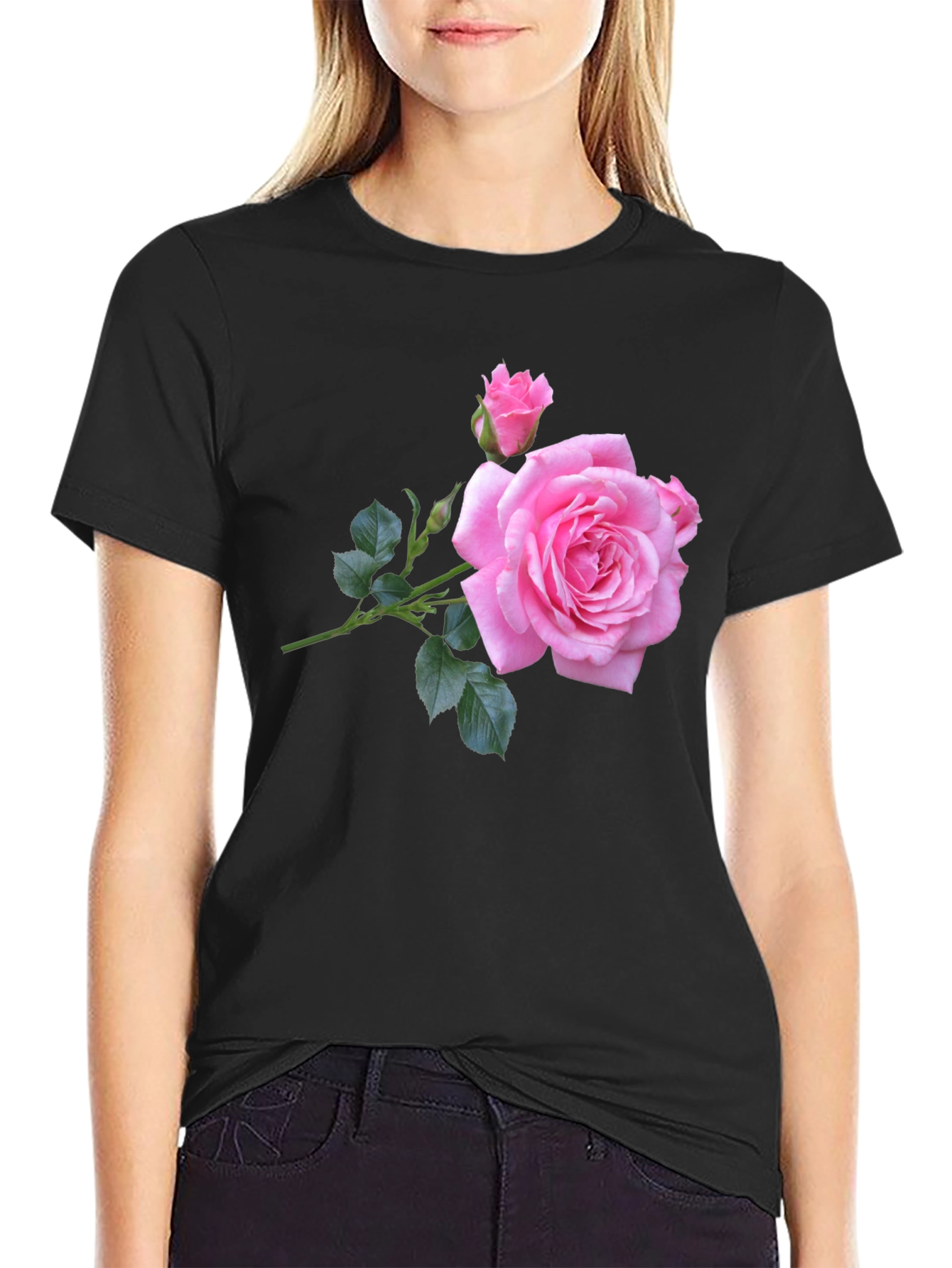 Pink Rose Graphic Black T-Shirt