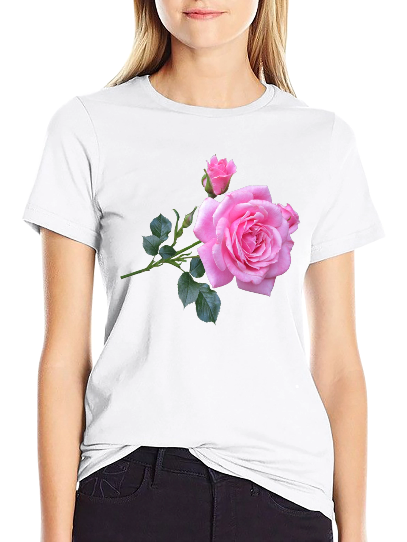 Pink Rose Graphic Black T-Shirt