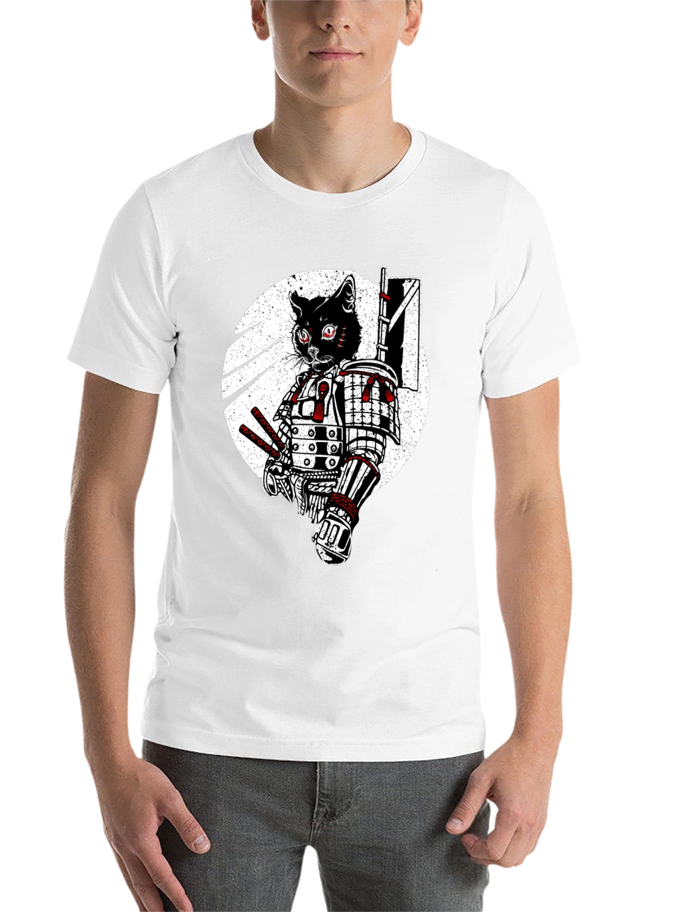 Samurai Cat Graphic Tee - Black Cotton T-Shirt