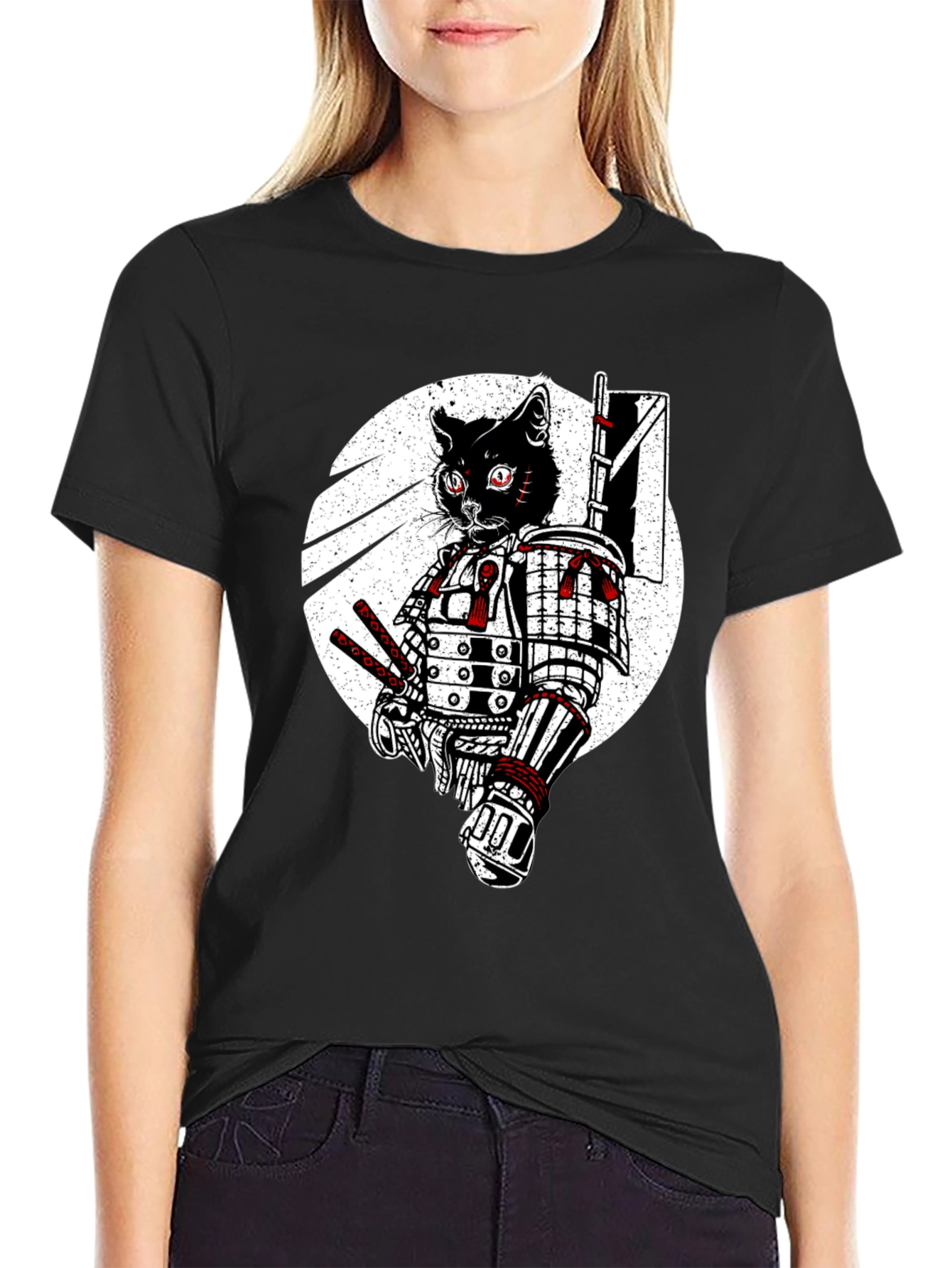 Samurai Cat Graphic Tee - Black Cotton T-Shirt