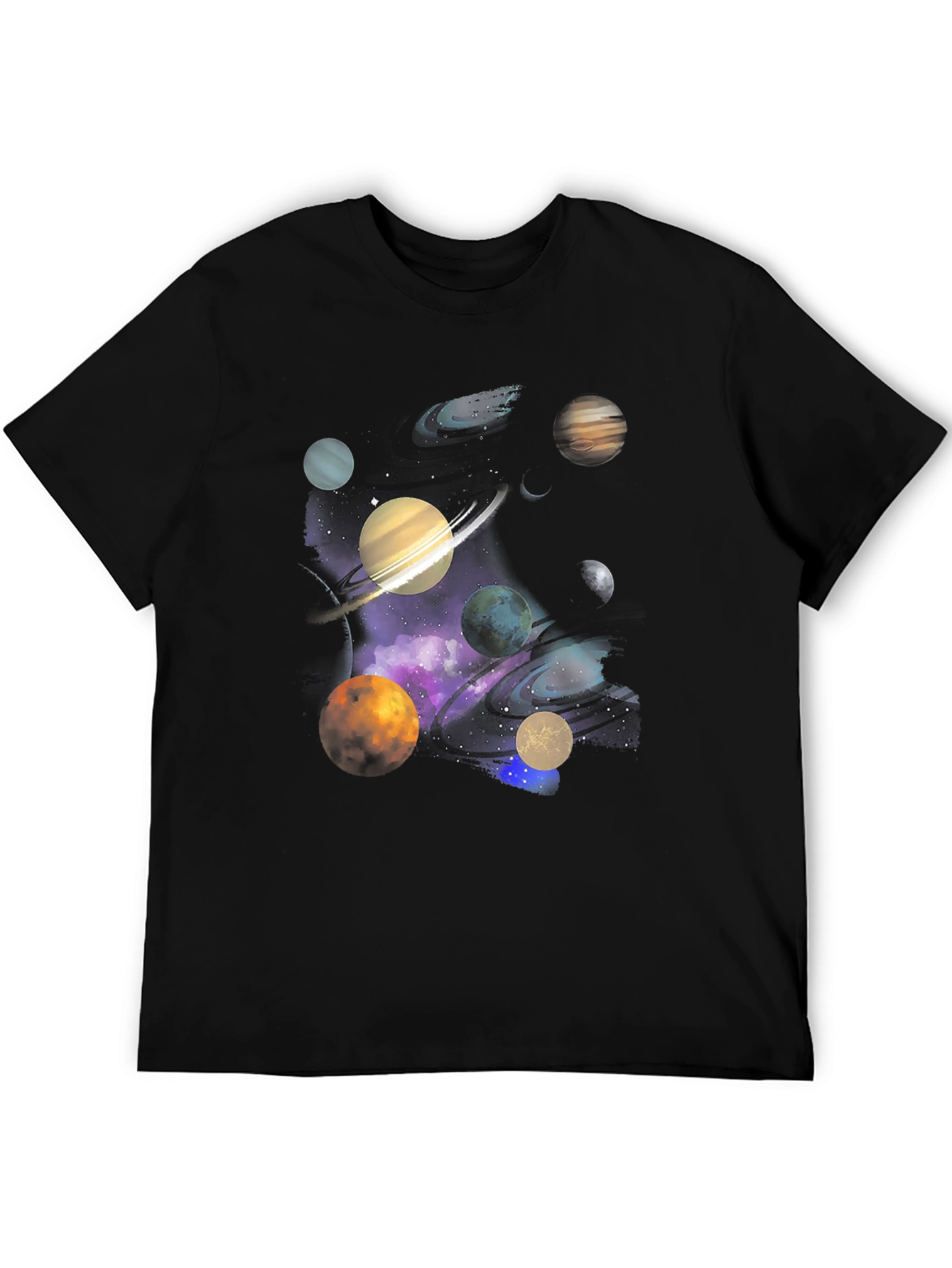 Galaxy Planets Graphic Tee - Black Cotton Casual T-Shirt