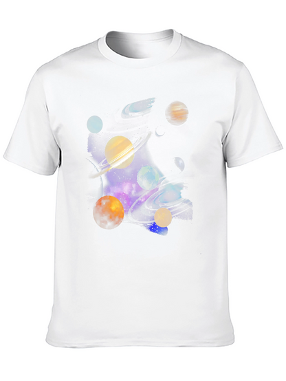 Galaxy Planets Graphic Tee - Black Cotton Casual T-Shirt