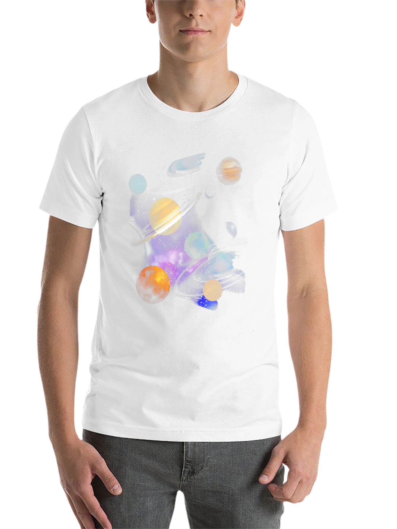 Galaxy Planets Graphic Tee - Black Cotton Casual T-Shirt