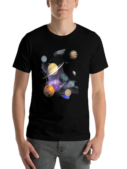 Galaxy Planets Graphic Tee - Black Cotton Casual T-Shirt