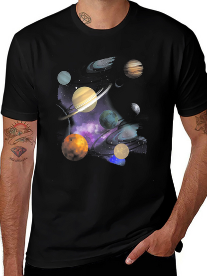 Galaxy Planets Graphic Tee - Black Cotton Casual T-Shirt