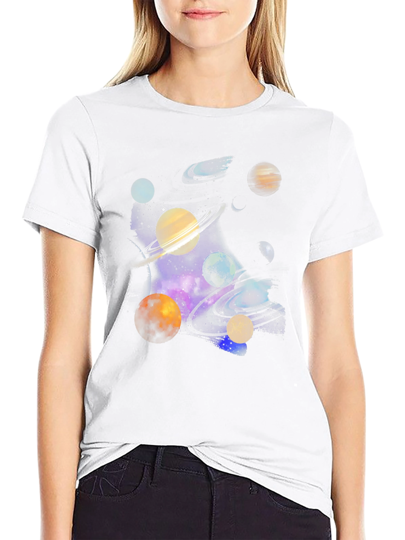 Galaxy Planets Graphic Tee - Black Cotton Casual T-Shirt
