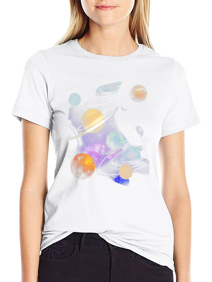 Galaxy Planets Graphic Tee - Black Cotton Casual T-Shirt