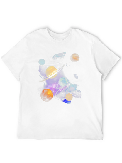 Galaxy Planets Graphic Tee - Black Cotton Casual T-Shirt