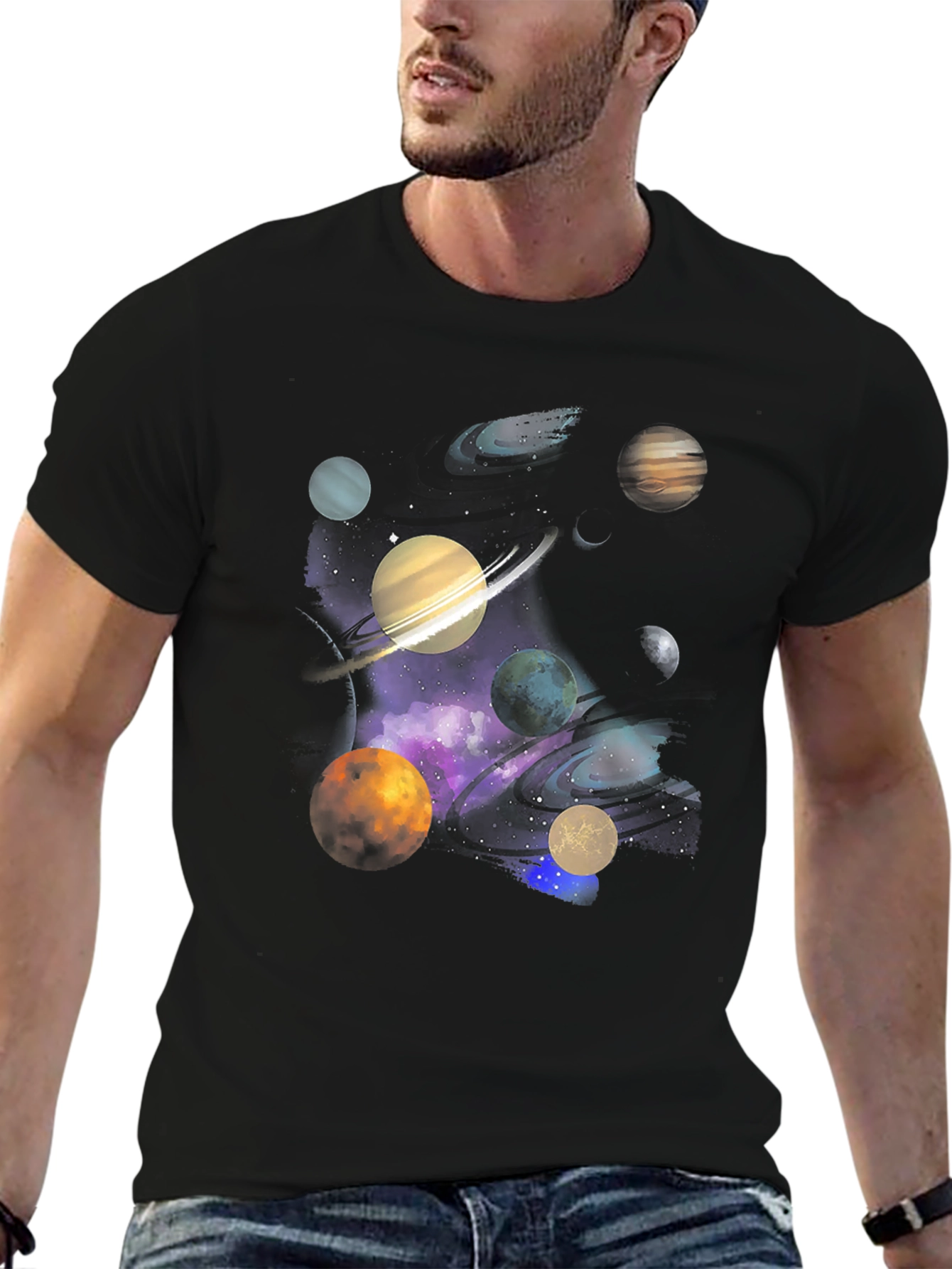Galaxy Planets Graphic Tee - Black Cotton Casual T-Shirt