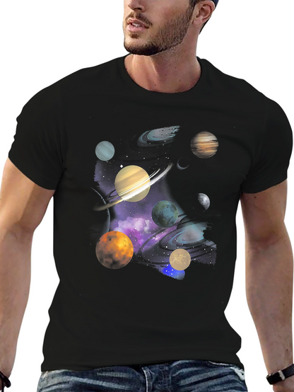 Galaxy Planets Graphic Tee - Black Cotton Casual T-Shirt