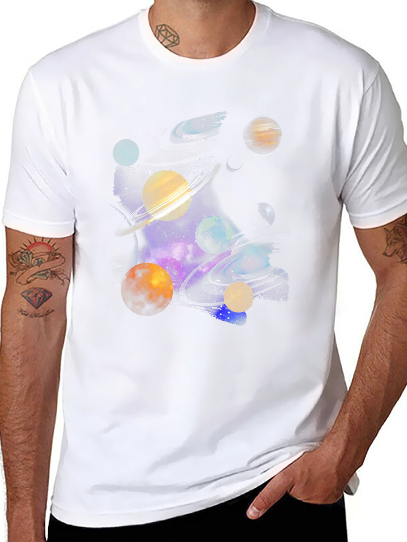 Galaxy Planets Graphic Tee - Black Cotton Casual T-Shirt