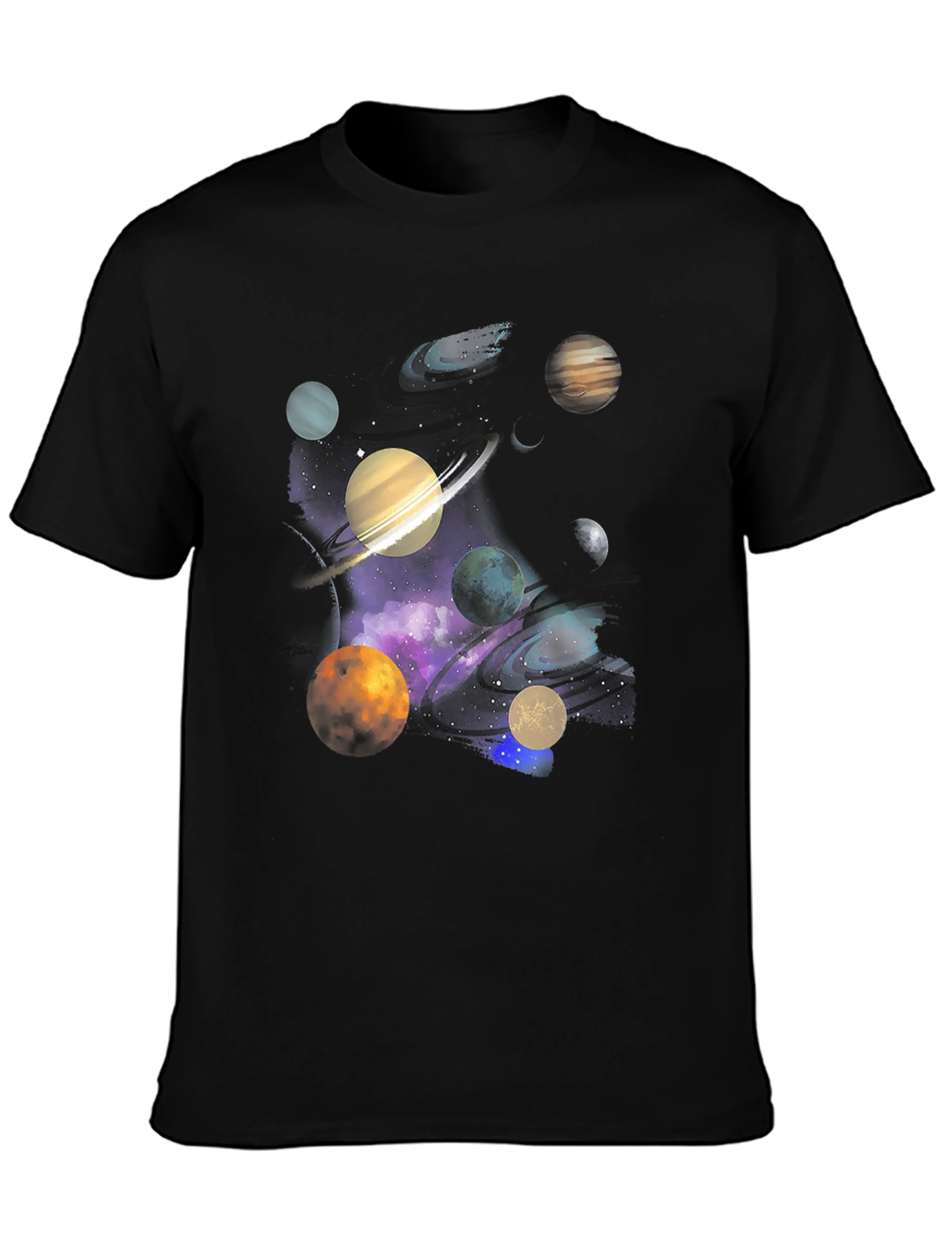 Galaxy Planets Graphic Tee - Black Cotton Casual T-Shirt