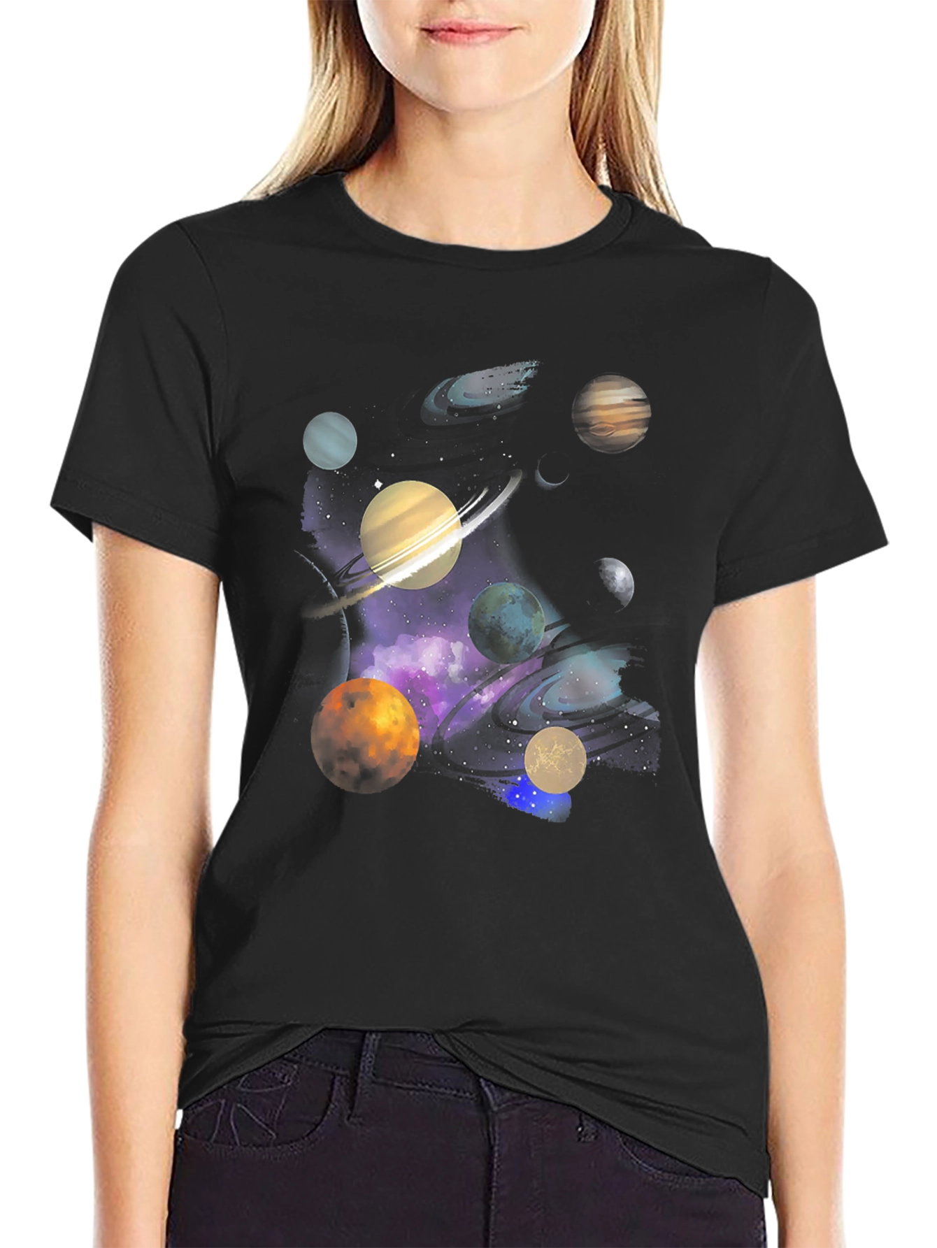 Galaxy Planets Graphic Tee - Black Cotton Casual T-Shirt