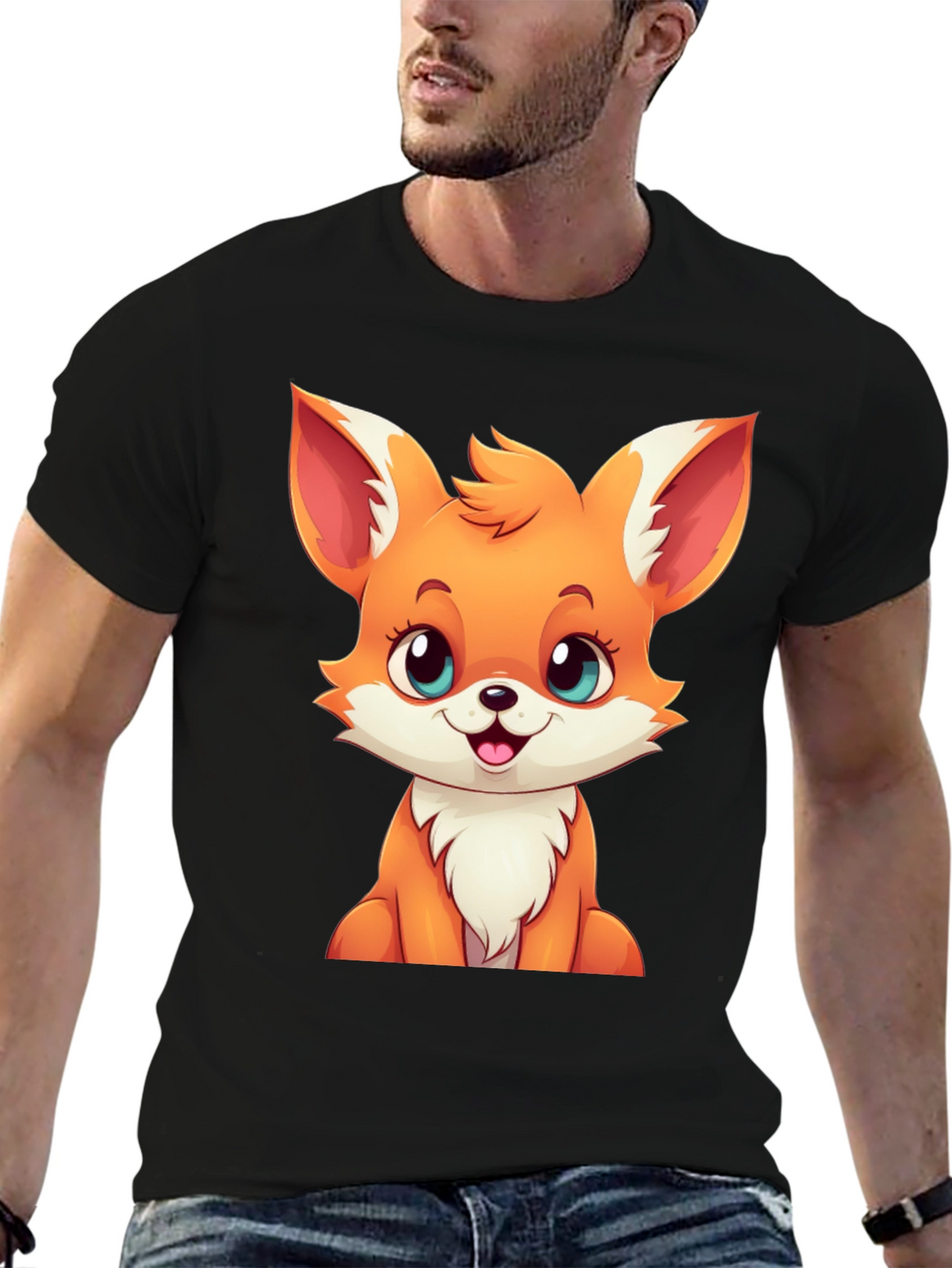 Cute Cartoon Fox Graphic Tee - Black T-Shirt