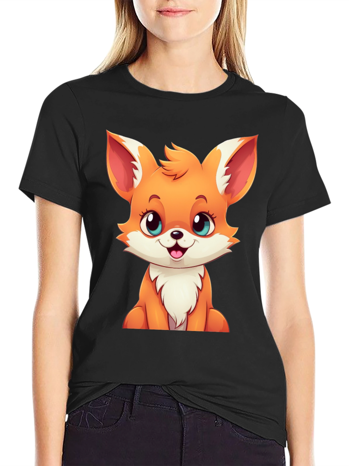Cute Cartoon Fox Graphic Tee - Black T-Shirt