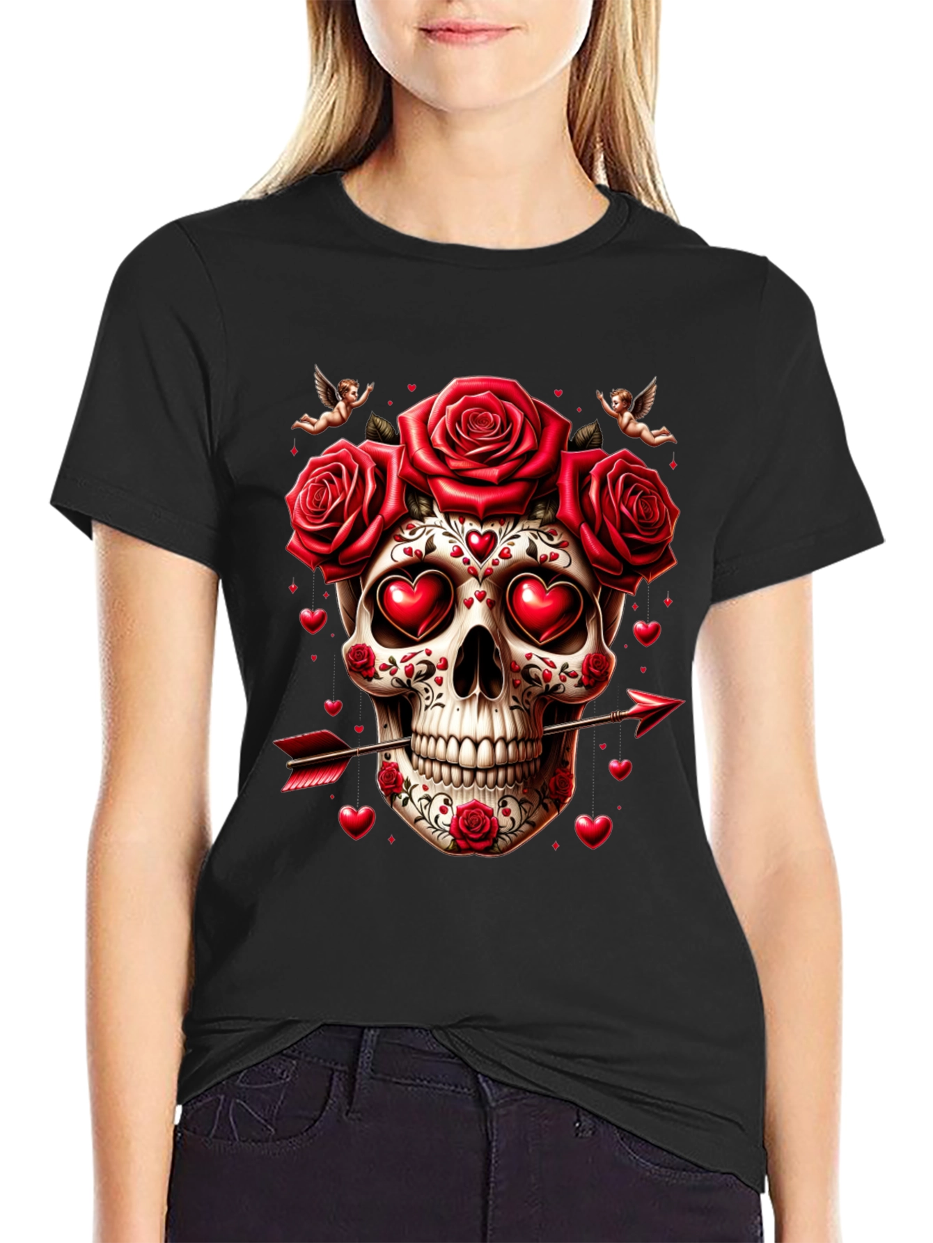 Skull Roses Hearts Arrow Valentines Day T-Shirt