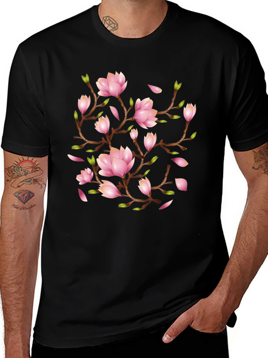 Floral Magnolia Branch Black T-Shirt
