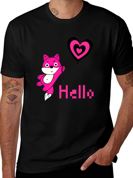 Pink Fox Heart Balloon Black T-Shirt