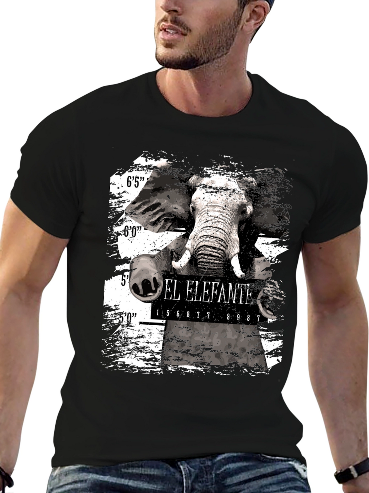 El Elefante Mugshot Mens Black Graphic T-Shirt