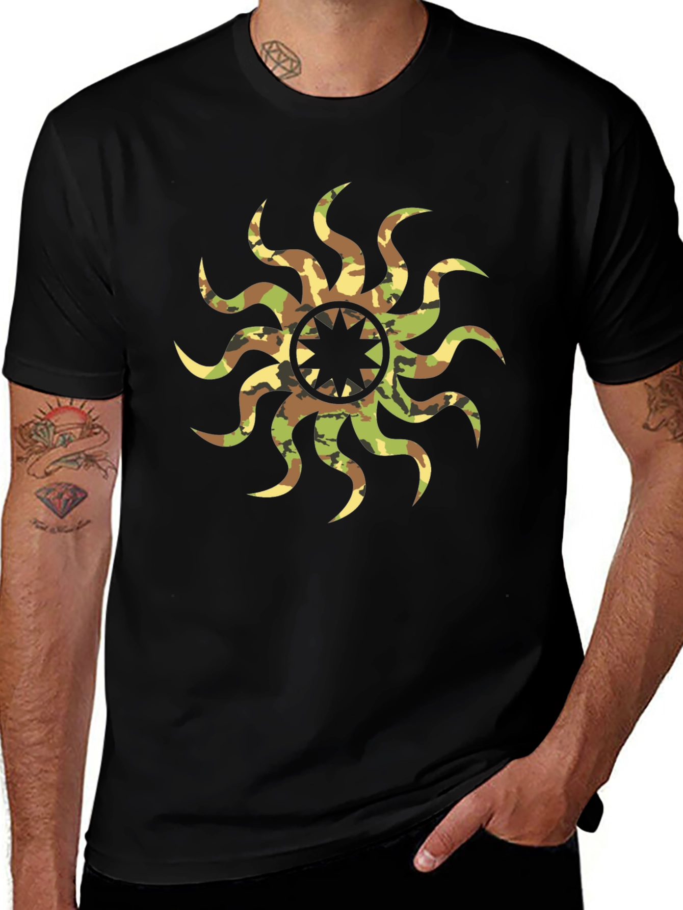 Camo Sunburst Graphic Black T-Shirt