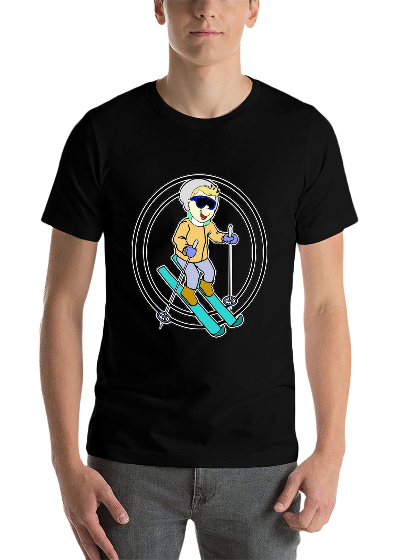 Cartoon Skier T-Shirt - Black Cotton Blend
