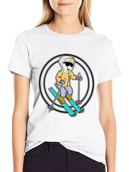 Cartoon Skier T-Shirt - Black Cotton Blend