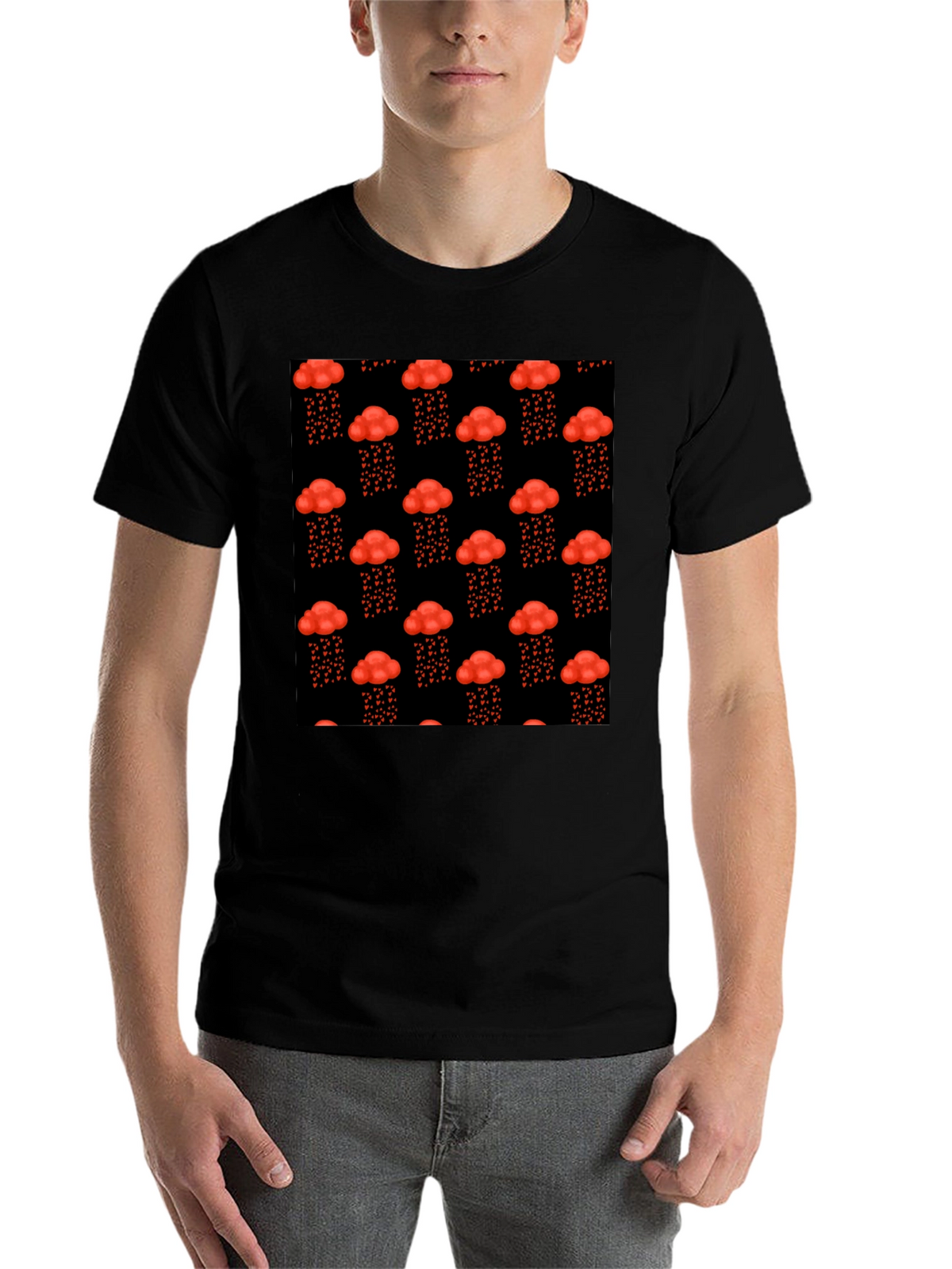 Red Cloud Heart Rain Black T-Shirt