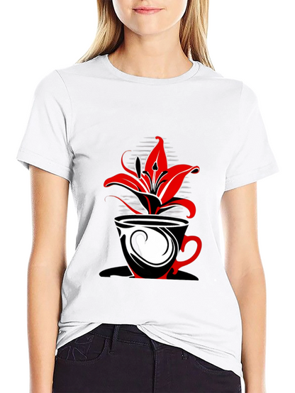 Floral Coffee Cup Graphic Tee - Black