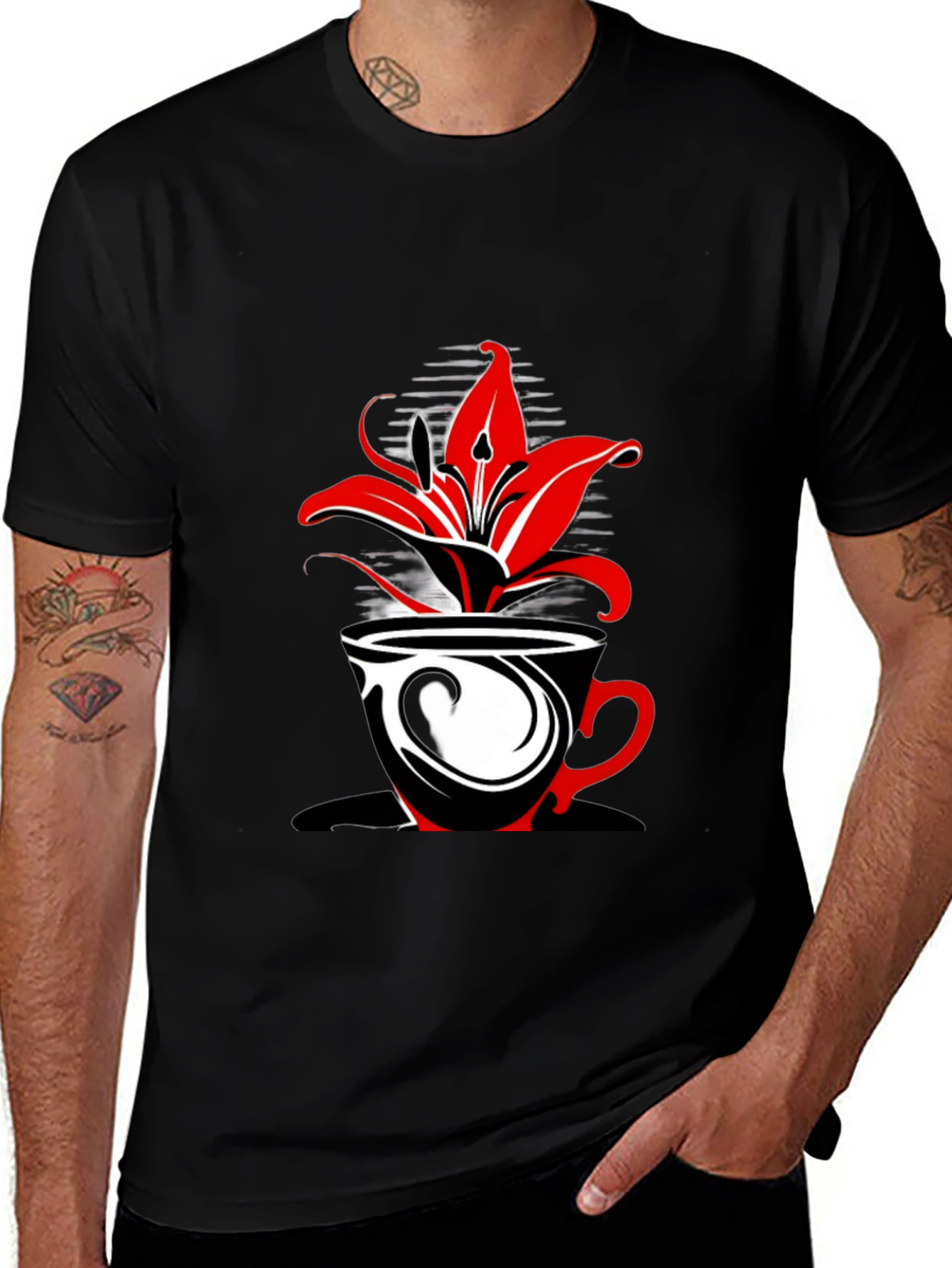 Floral Coffee Cup Graphic Tee - Black