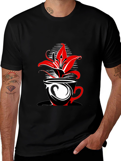 Floral Coffee Cup Graphic Tee - Black