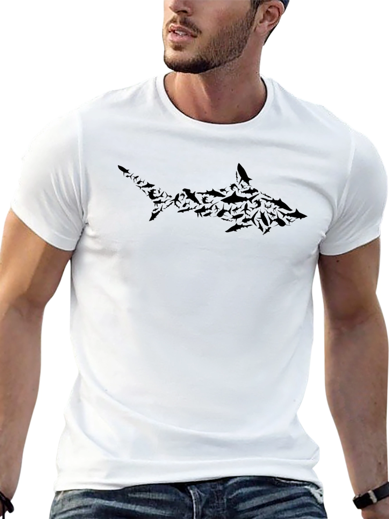 Shark Silhouette Graphic Print Tee - Black