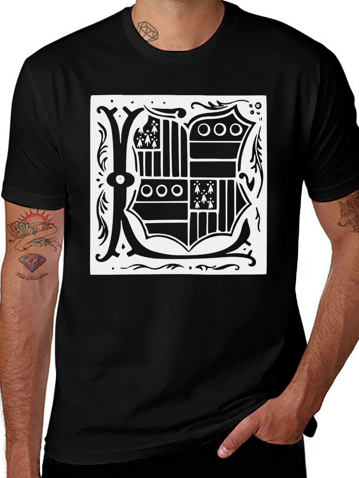 Black T-Shirt with Ornate Letter K Design