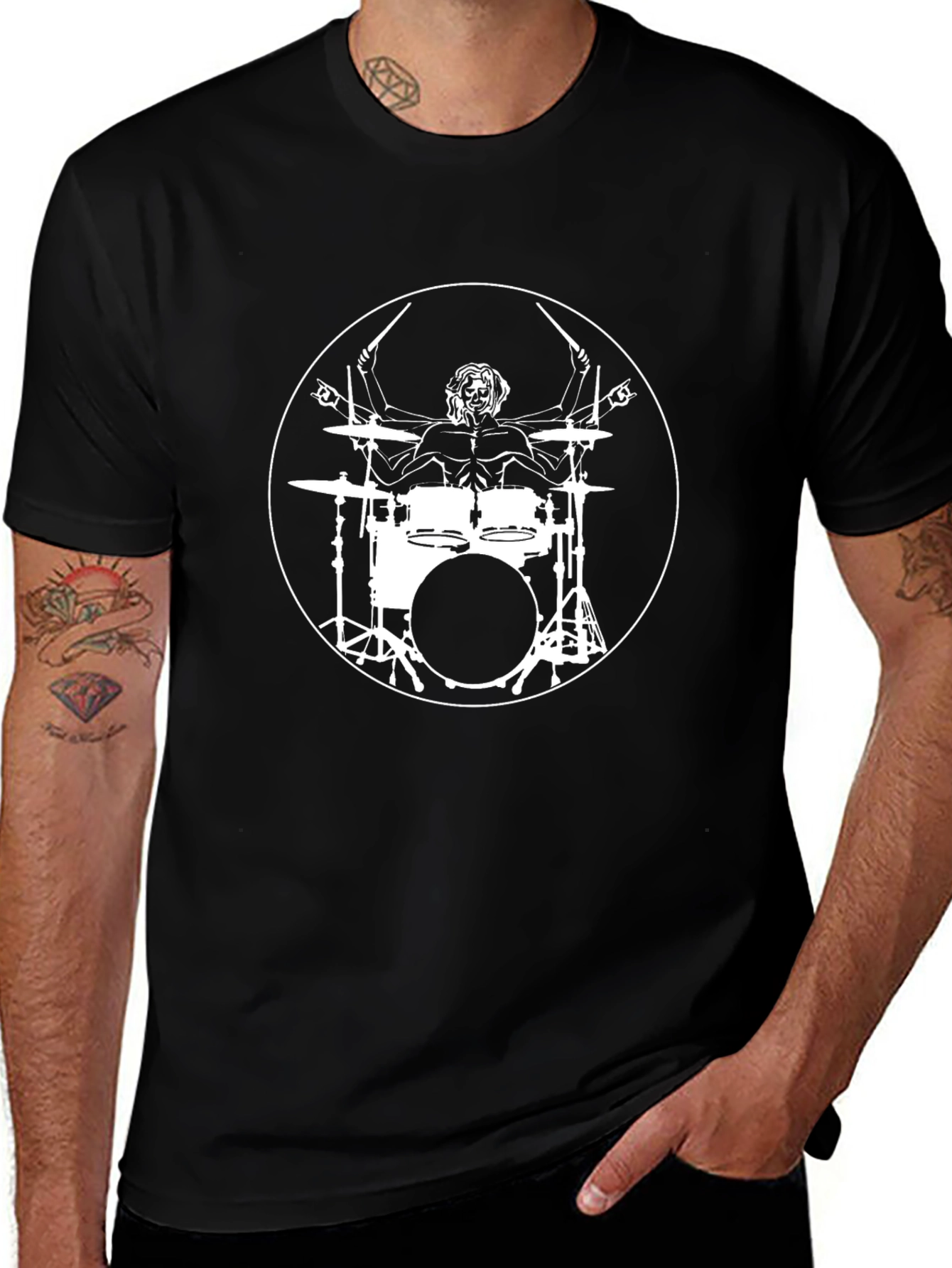 Drummer Vitruvian Man Black T-Shirt