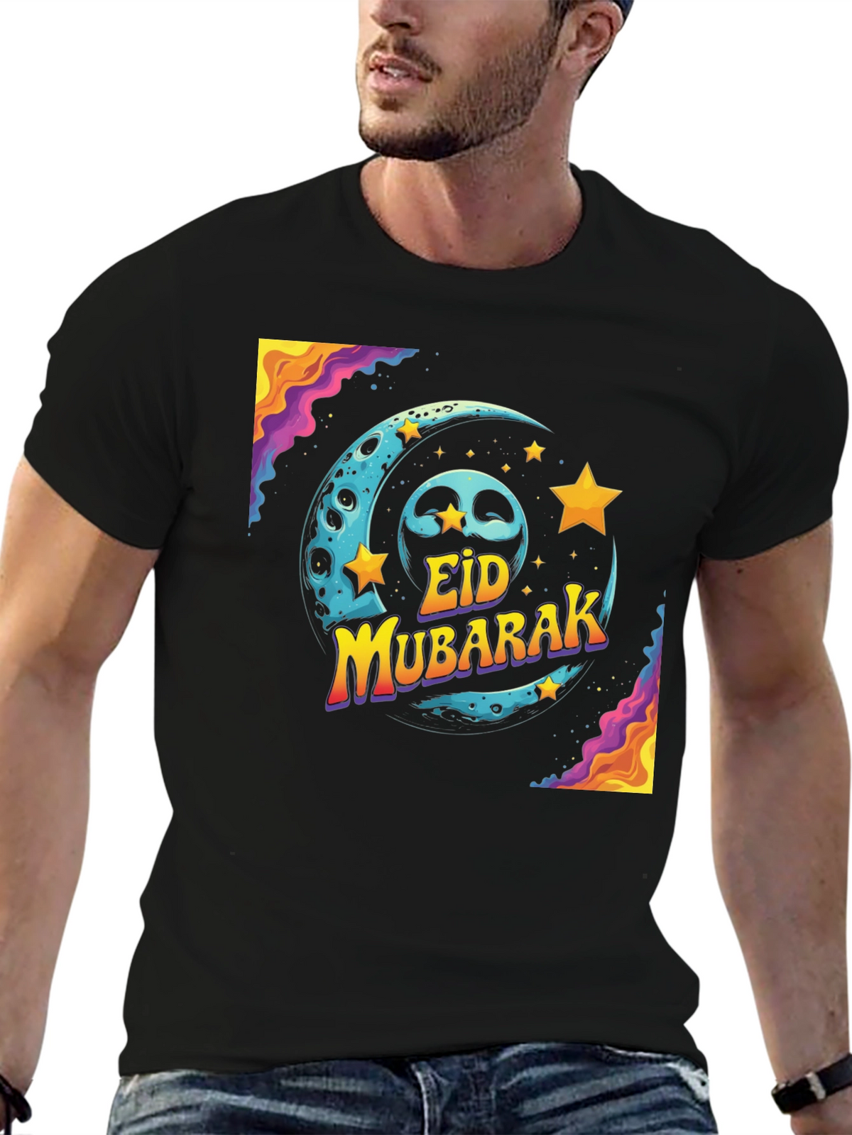 Eid Mubarak Graphic T-Shirt - Festive Moon & Stars