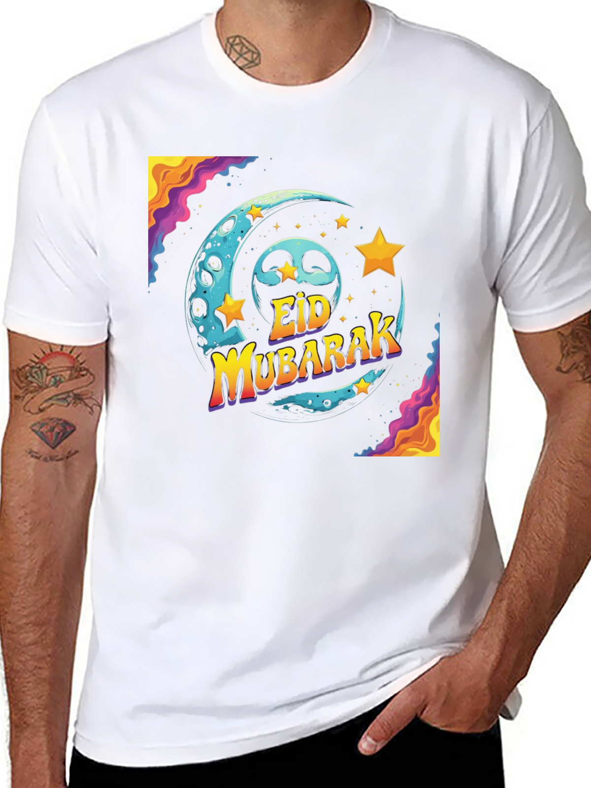 Eid Mubarak Graphic T-Shirt - Festive Moon & Stars