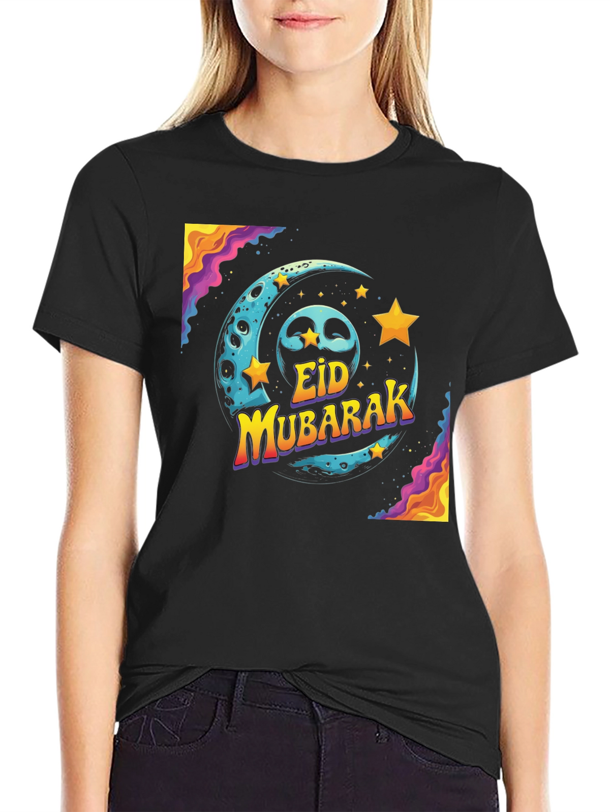 Eid Mubarak Graphic T-Shirt - Festive Moon & Stars