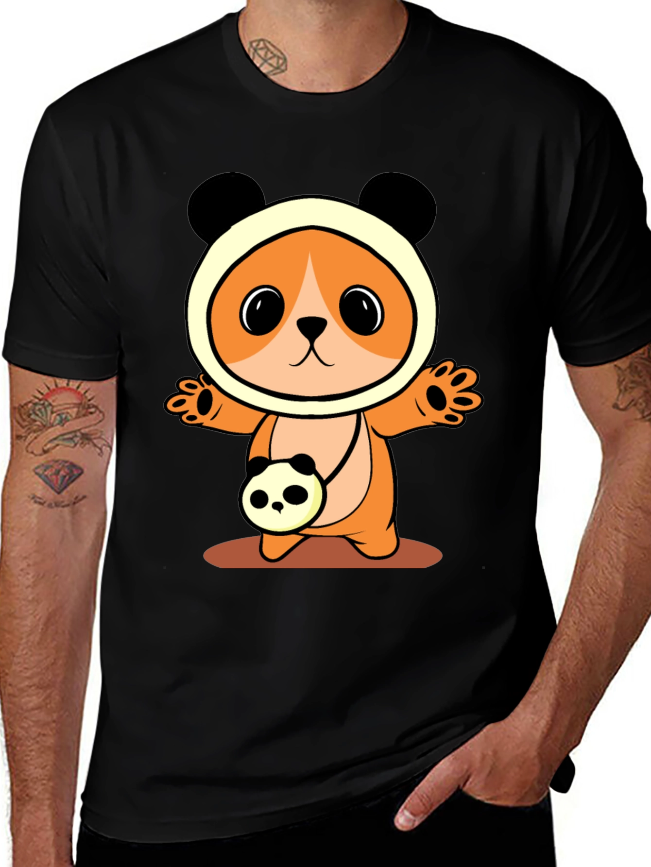 Cute Cartoon Panda Bear T-Shirt - Black