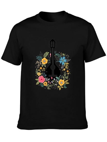 Floral Mandolin Graphic Tee - Black Cotton T-Shirt