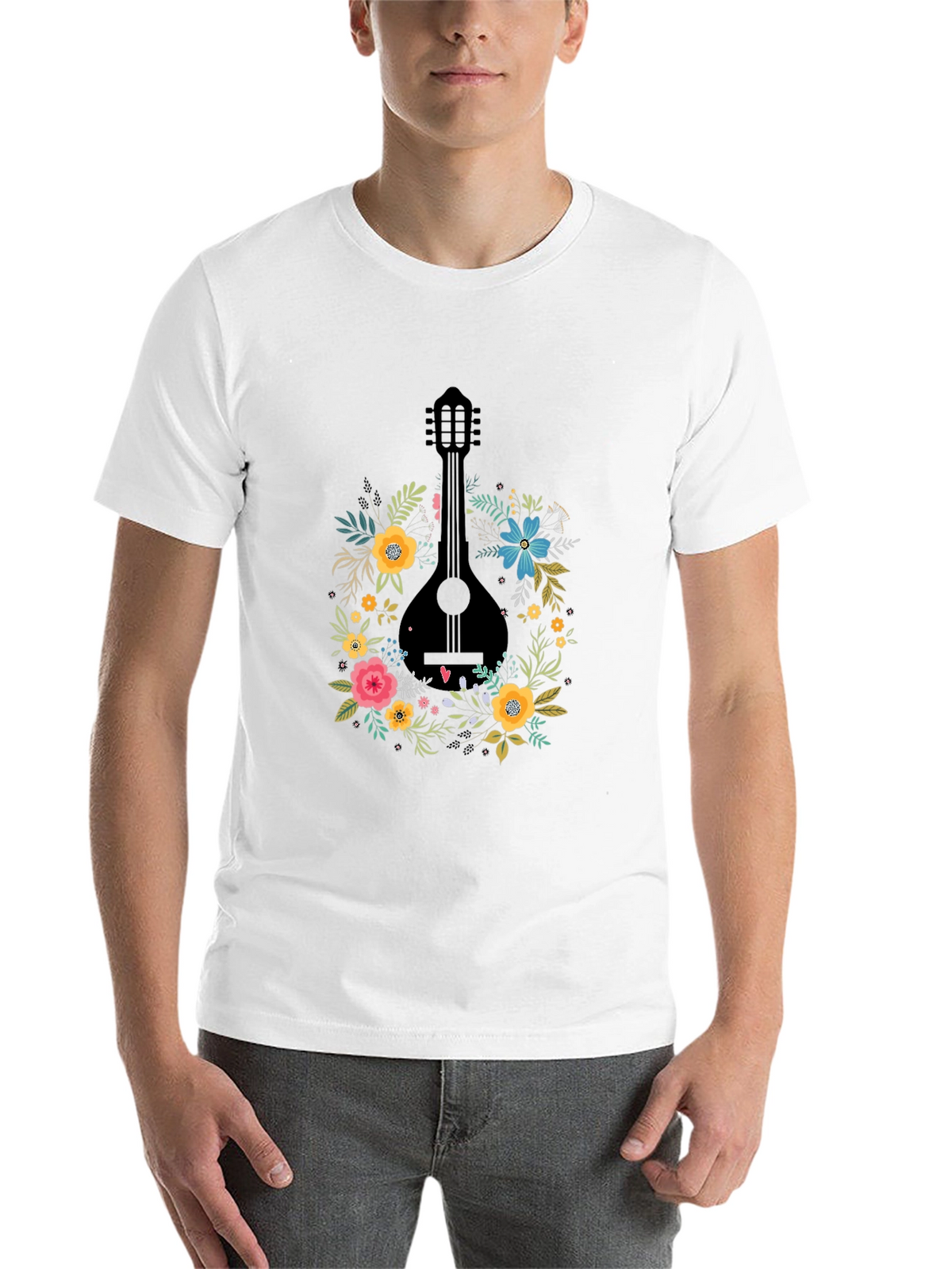 Floral Mandolin Graphic Tee - Black Cotton T-Shirt