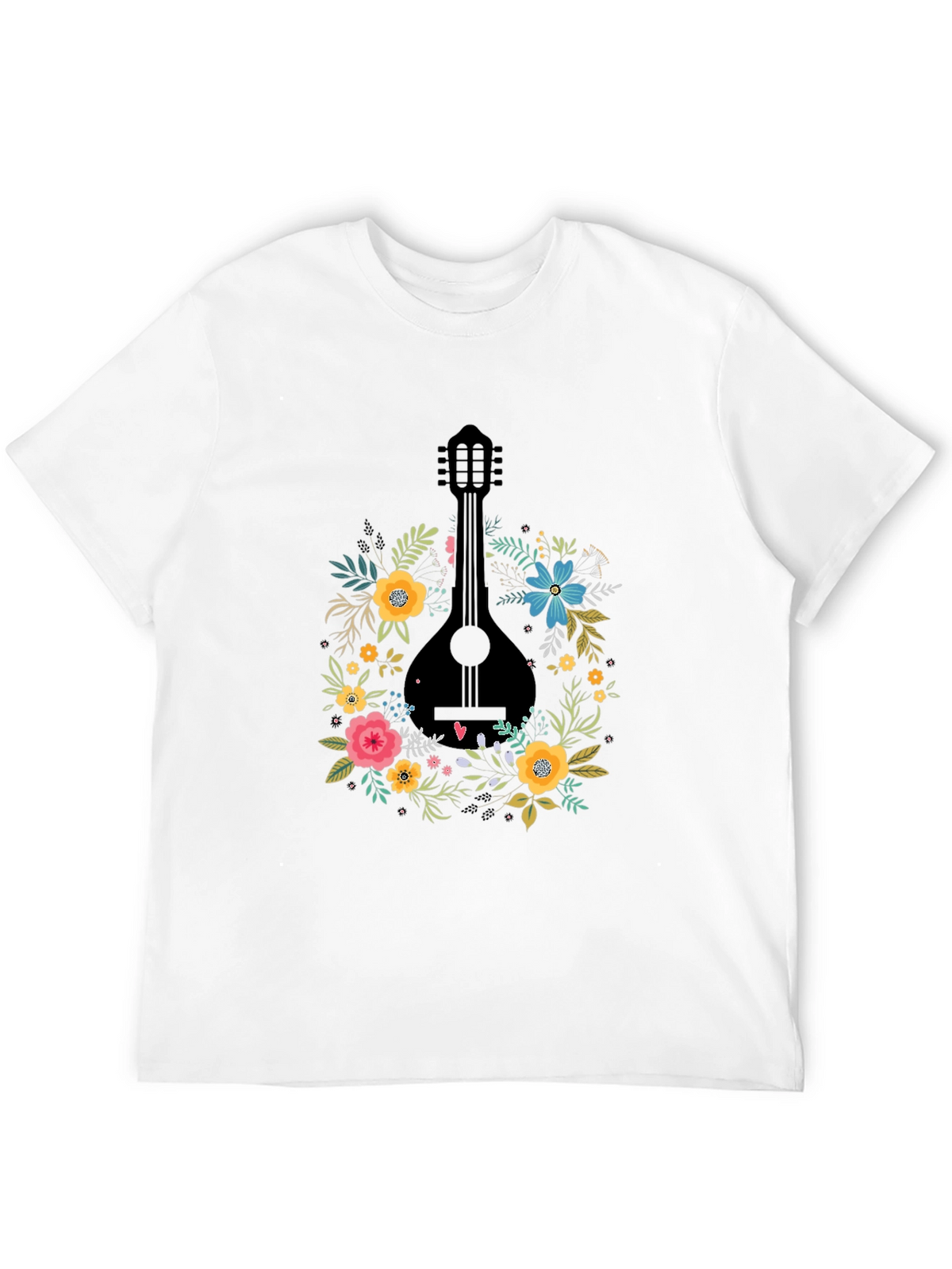 Floral Mandolin Graphic Tee - Black Cotton T-Shirt