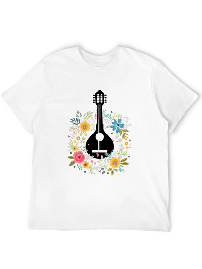Floral Mandolin Graphic Tee - Black Cotton T-Shirt