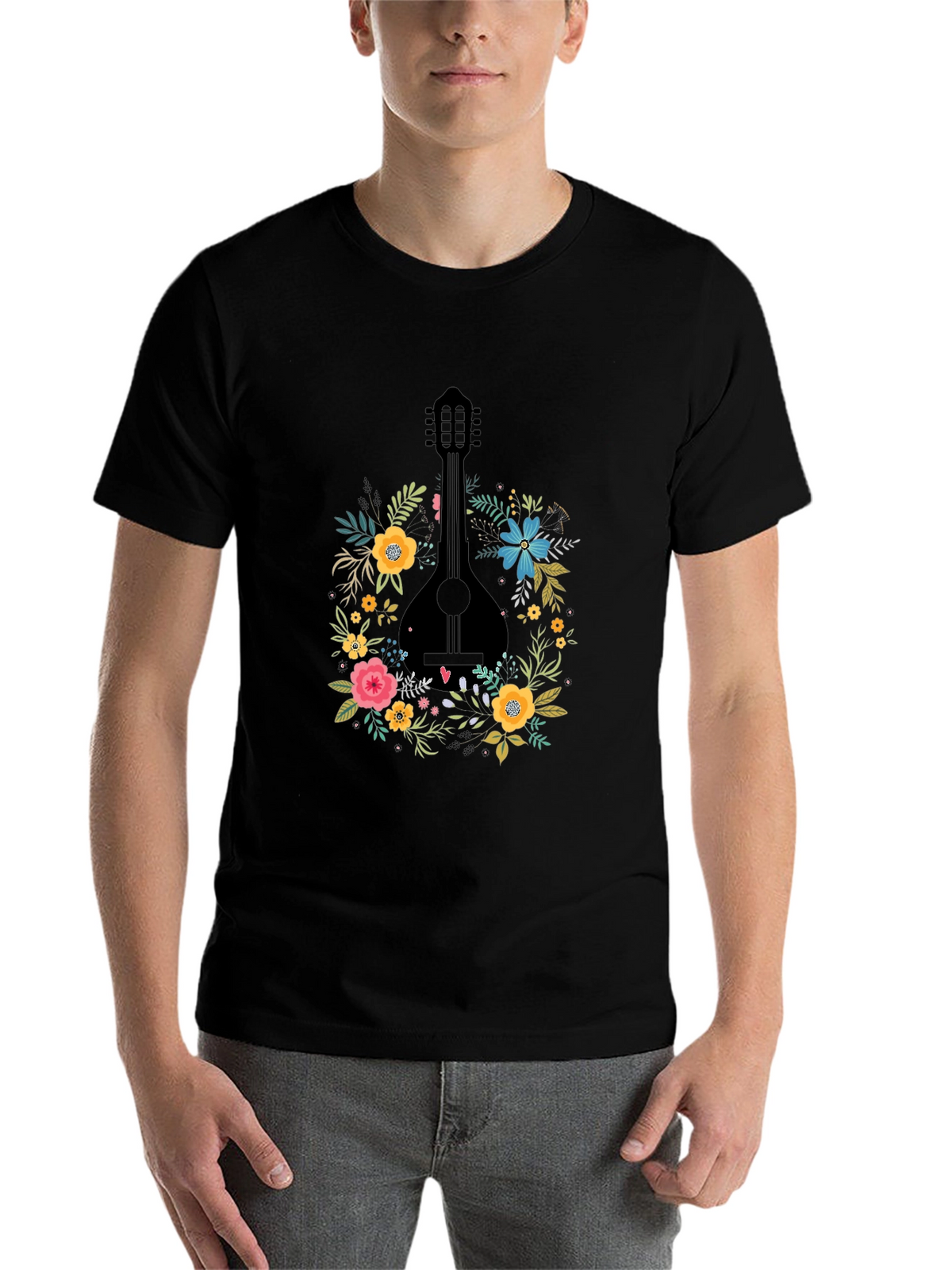 Floral Mandolin Graphic Tee - Black Cotton T-Shirt