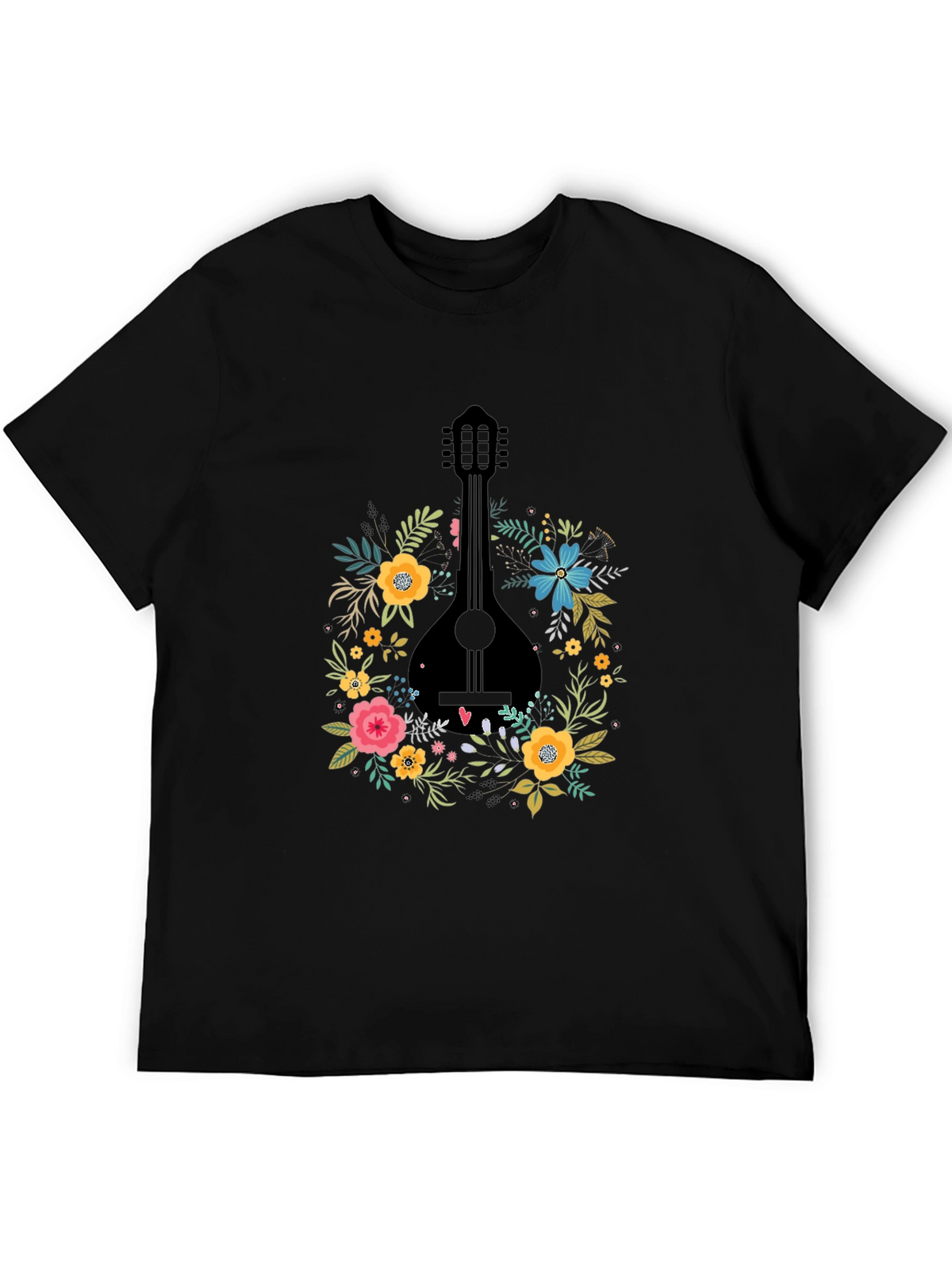 Floral Mandolin Graphic Tee - Black Cotton T-Shirt