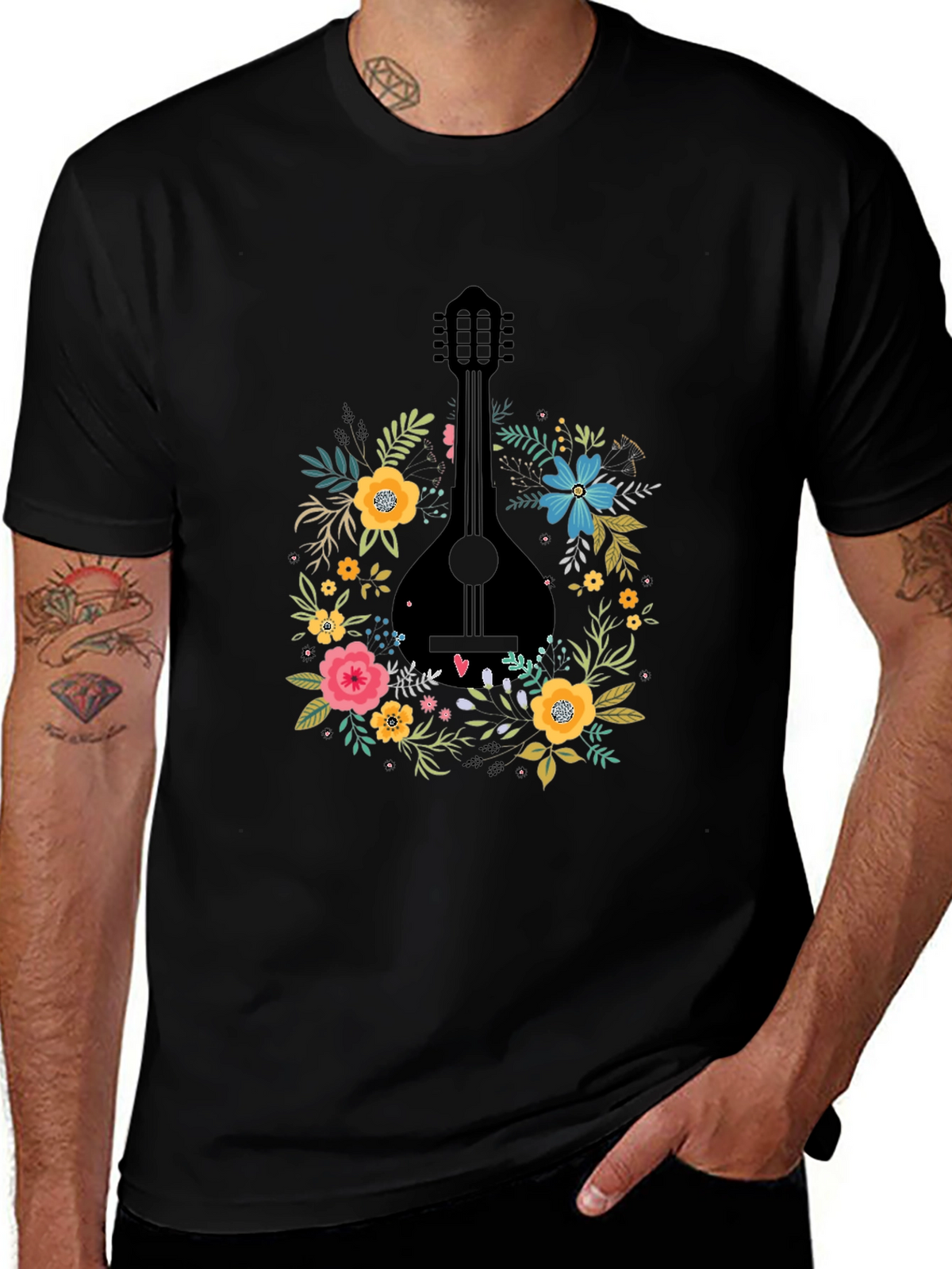 Floral Mandolin Graphic Tee - Black Cotton T-Shirt