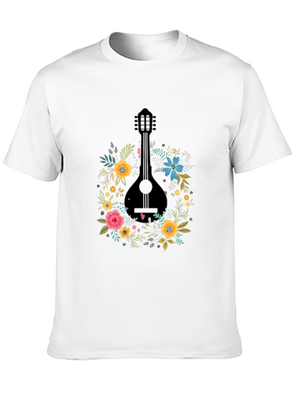 Floral Mandolin Graphic Tee - Black Cotton T-Shirt