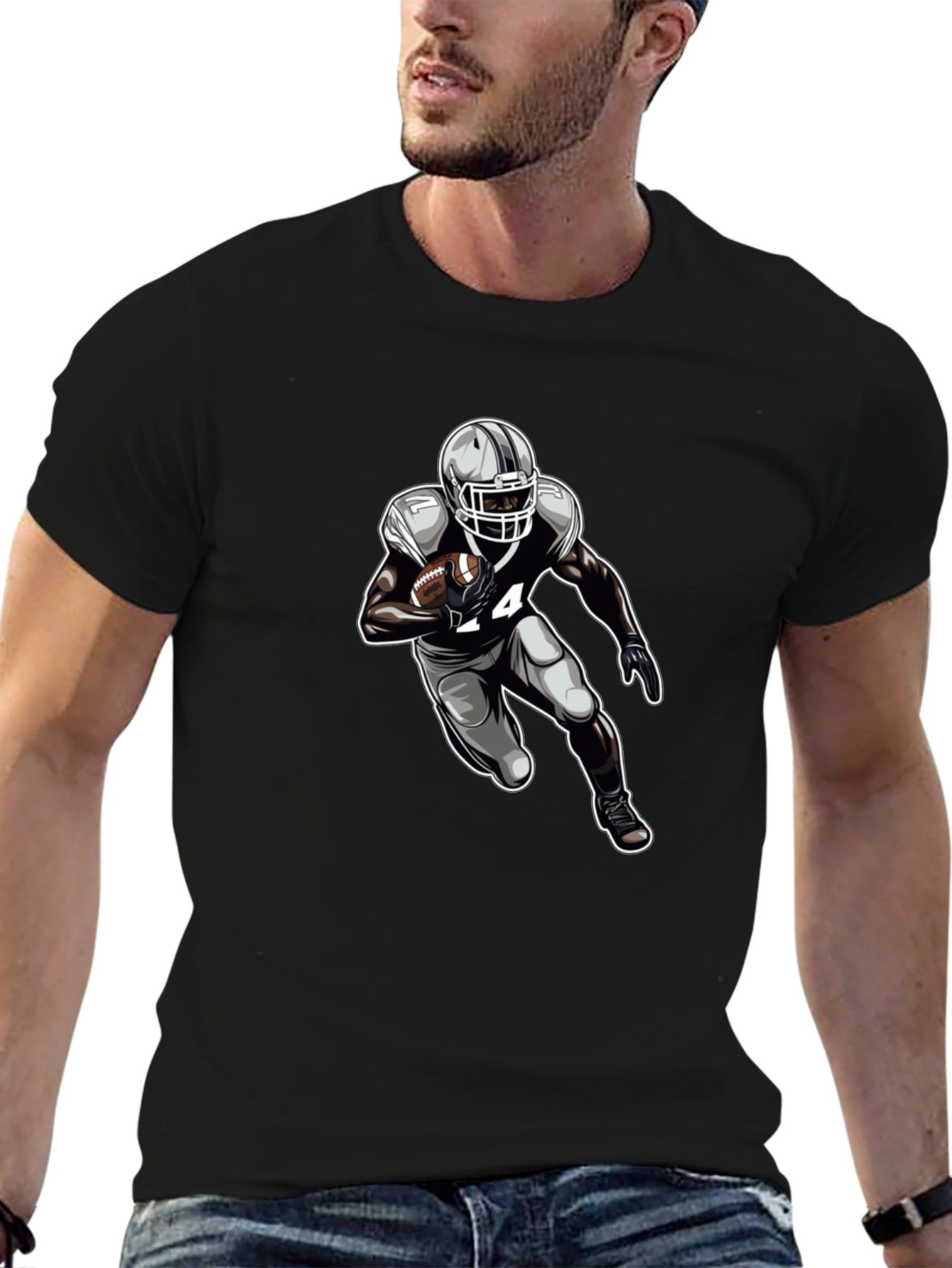 Football Player Graphic Tee - Black Cotton T-Shirt